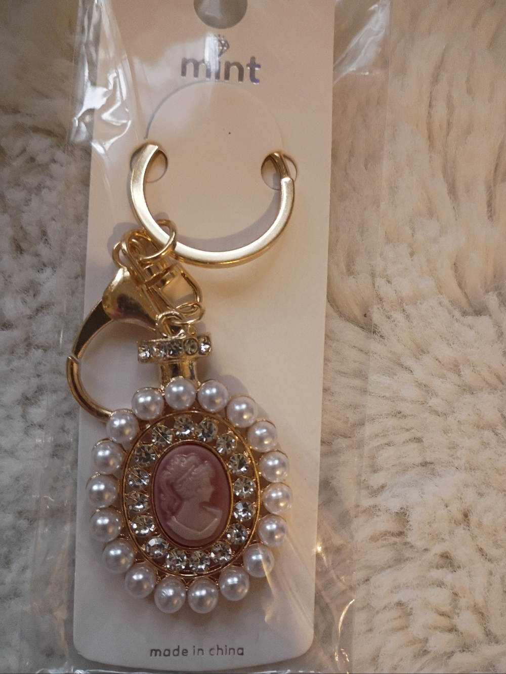 Mint Gold and Pink Cameo Keychainr with Pearls